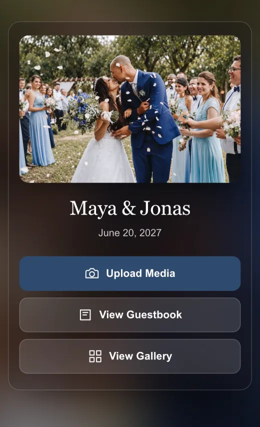 Replay My Day guest page for a demo wedding, with Upload Media, View Guestbook and View Gallery buttons.