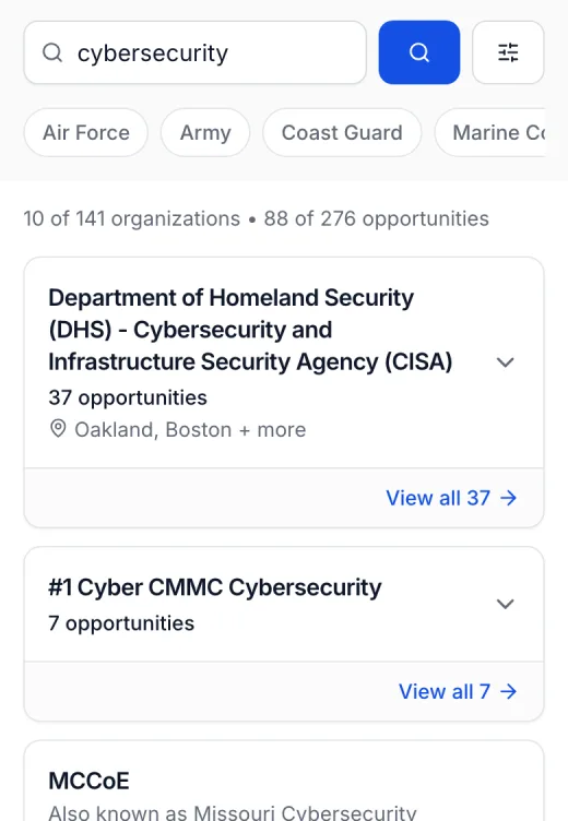 SkillBridge Search on a phone: a search for "cybersecurity" with branch filters and matching organizations.