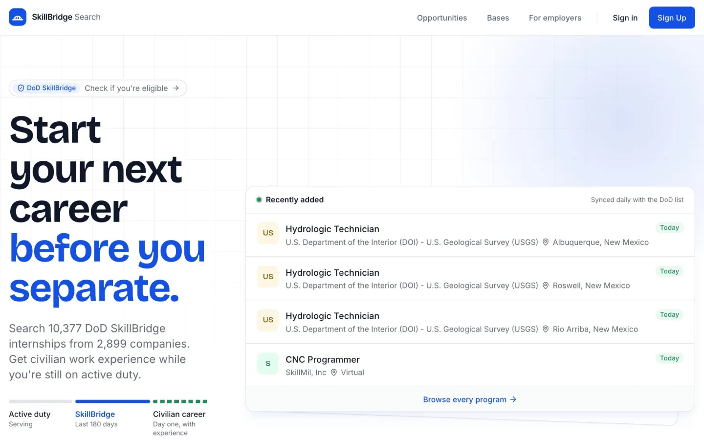 SkillBridge Search homepage